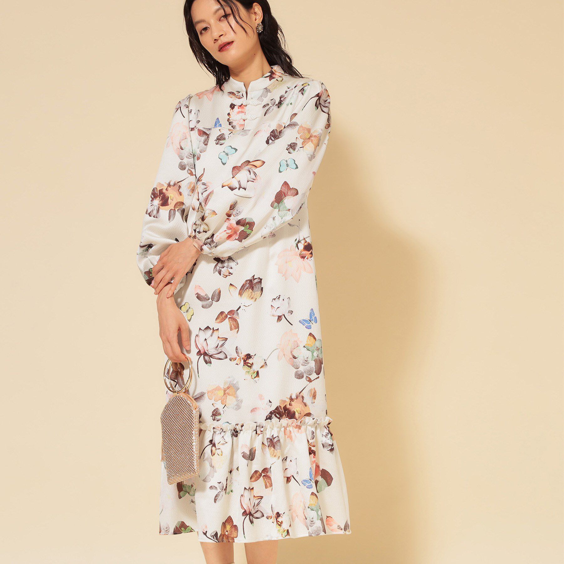 SunaUna「【COLLECTION LINE】チャイナ花柄ワンピース」|ワンピース|グレージュ(150)