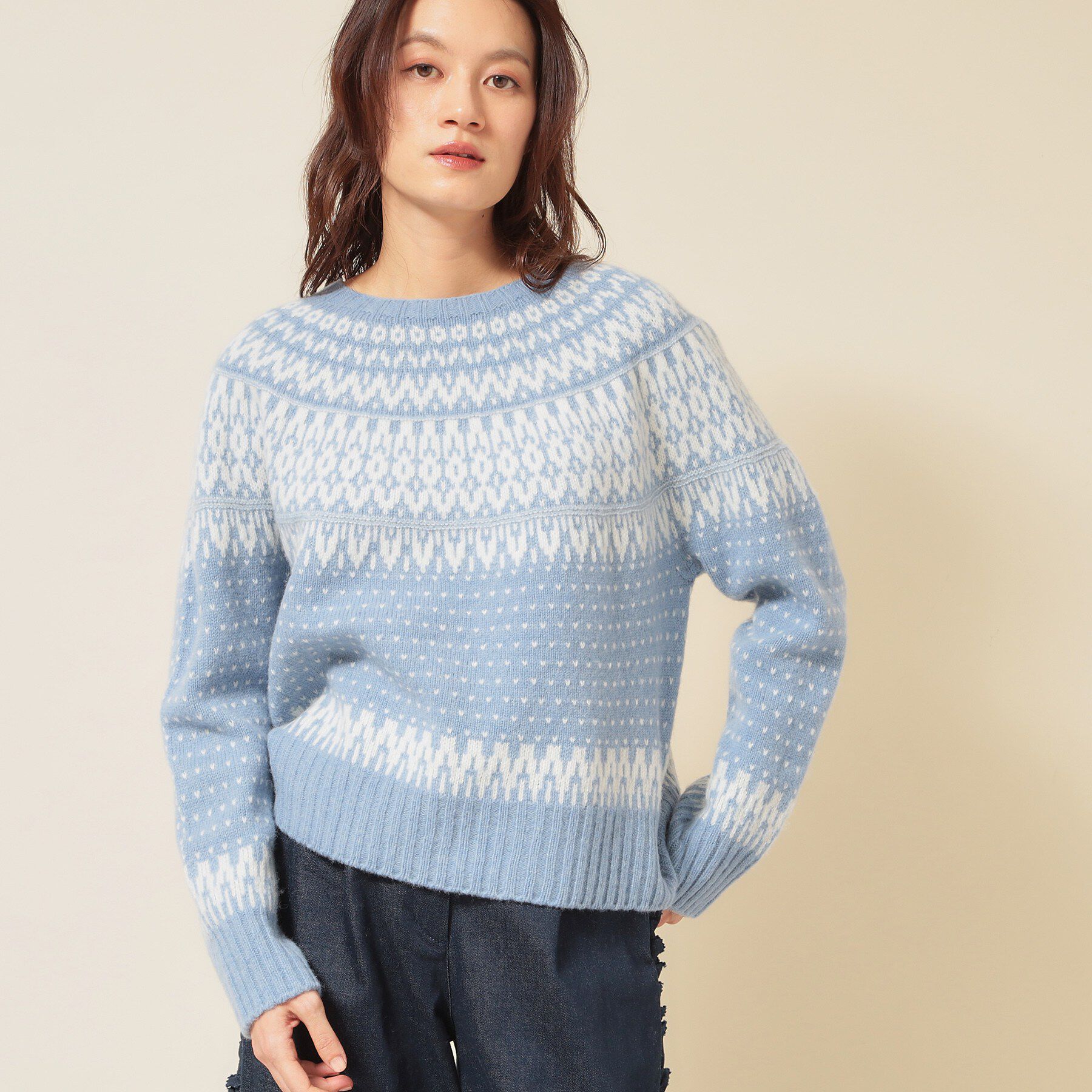 SunaUna「【ラメ混】ノルディック風ジャカード柄ニット」|ニット・セーター|ブルー(092)