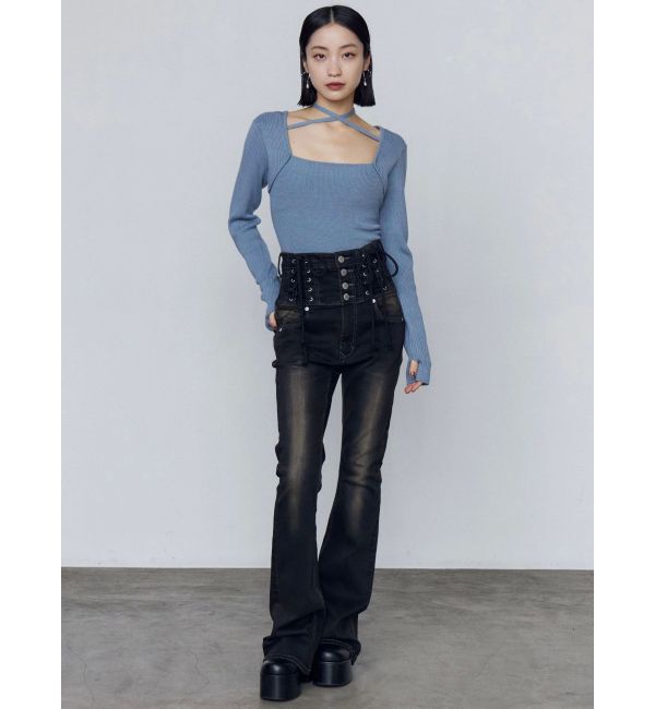 EMODA「ハングレースアップハイウエストパギンス」|デニム|
