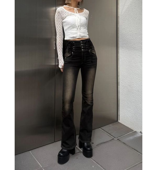 EMODA「ハングレースアップハイウエストパギンス」|デニム|