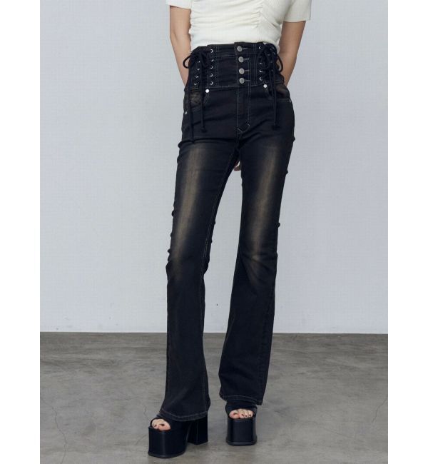 EMODA「ハングレースアップハイウエストパギンス」|デニム|ブラック