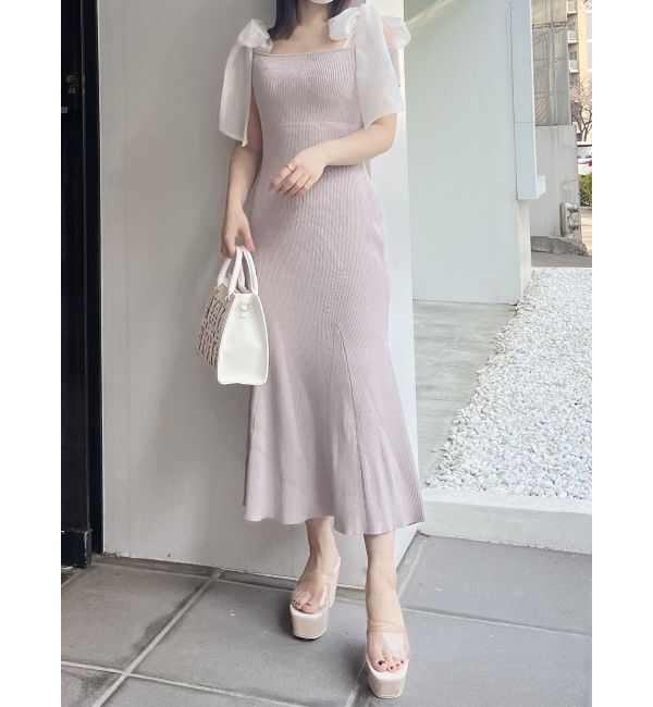 MERCURYDUO「ショルダーリボンニットワンピース」|ワンピース|ベージュ