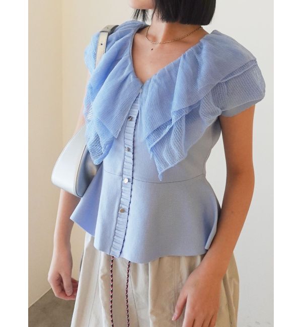 LAGUNAMOON「メッシュフリルペプラムニットプルオーバー」|ニット・セーター|ブルー