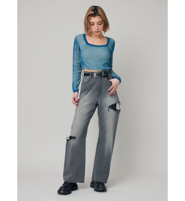 EVRIS「サイドカッティングレースワイドデニム」|デニム|