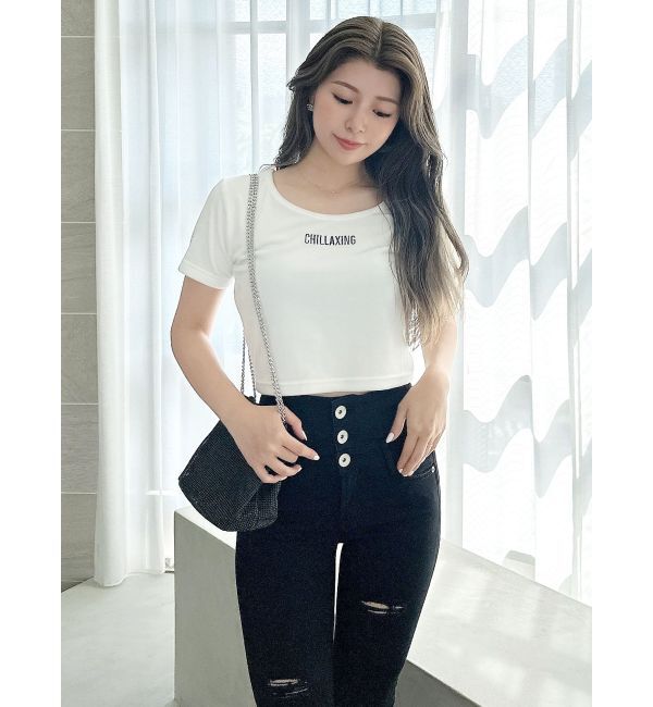 GYDA「CHILLAXING embroideryベロアトップス」|Tシャツ・カットソー|オフホワイト