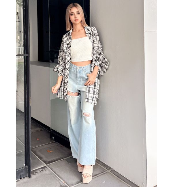 GYDA「SIDE RIPPEDストレートワイドデニムパンツ」|デニム|