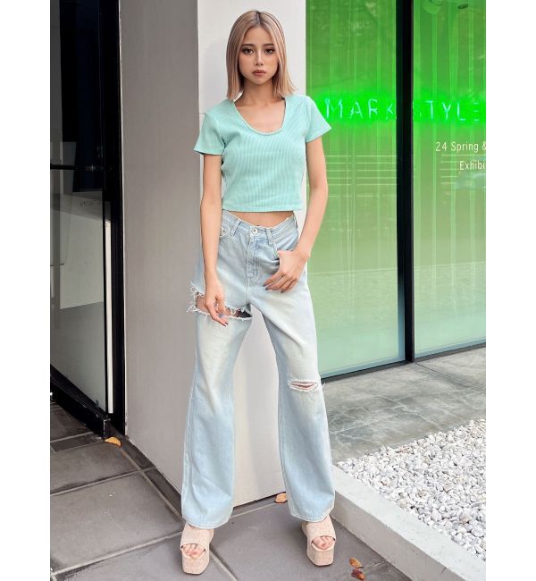 GYDA「SIDE RIPPEDストレートワイドデニムパンツ」|デニム|