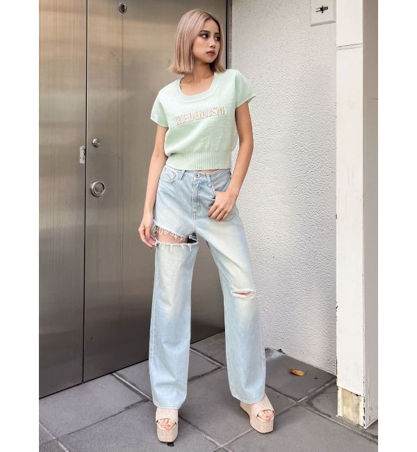 GYDA「SIDE RIPPEDストレートワイドデニムパンツ」|デニム|