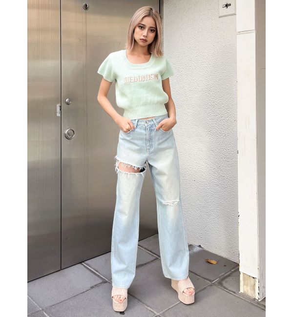 GYDA「SIDE RIPPEDストレートワイドデニムパンツ」|デニム|