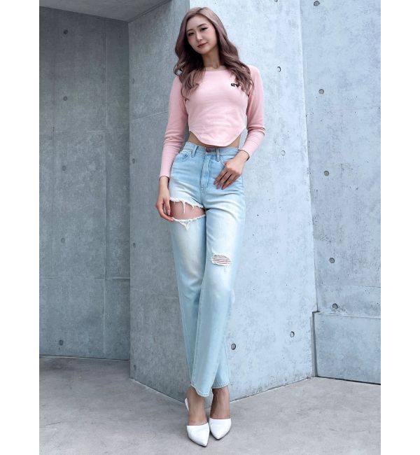 GYDA「SIDE RIPPEDストレートワイドデニムパンツ」|デニム|