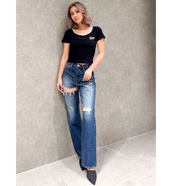 GYDA「SIDE RIPPEDストレートワイドデニムパンツ」|デニム|