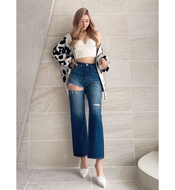 GYDA「SIDE RIPPEDストレートワイドデニムパンツ」|デニム|