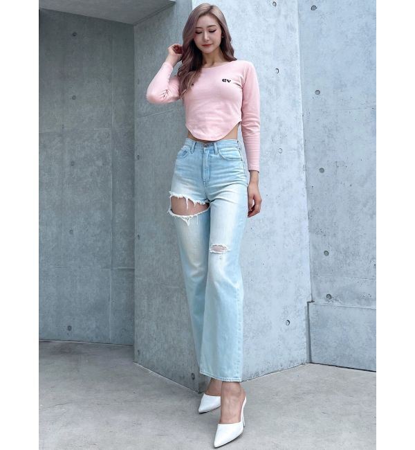 GYDA「SIDE RIPPEDストレートワイドデニムパンツ」|デニム|