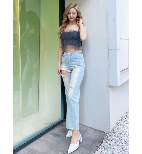 GYDA「SIDE RIPPEDストレートワイドデニムパンツ」|デニム|