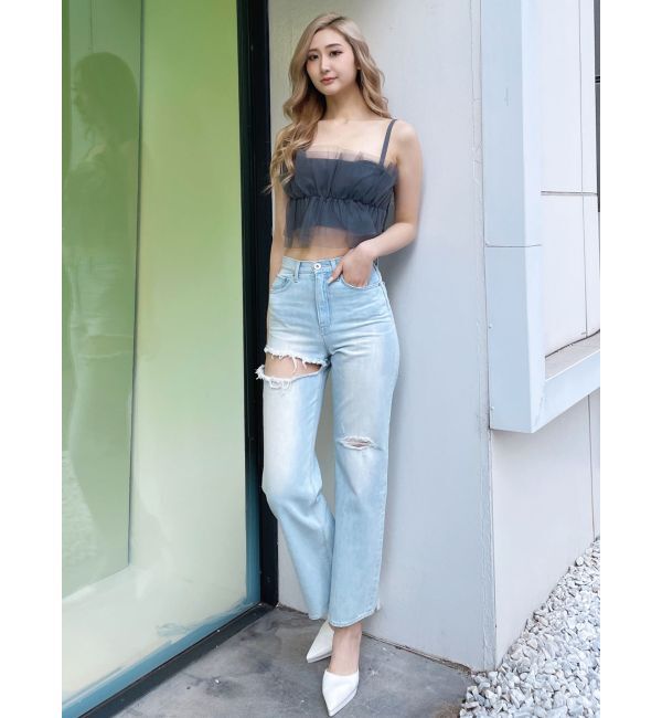 GYDA「SIDE RIPPEDストレートワイドデニムパンツ」|デニム|