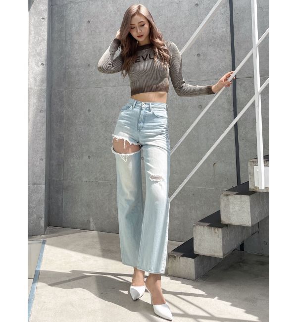 GYDA「SIDE RIPPEDストレートワイドデニムパンツ」|デニム|