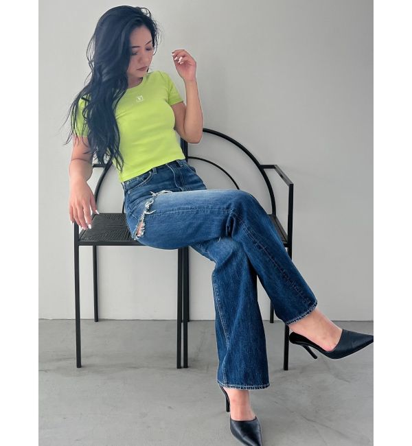 GYDA「SIDE RIPPEDストレートワイドデニムパンツ」|デニム|