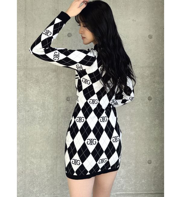 GYDA「アーガイルSymmetry GYDAタイトニットワンピース」|ワンピース|