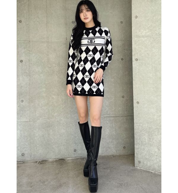 GYDA「アーガイルSymmetry GYDAタイトニットワンピース」|ワンピース|