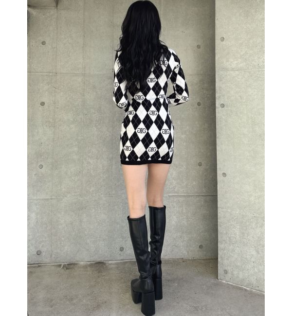 GYDA「アーガイルSymmetry GYDAタイトニットワンピース」|ワンピース|