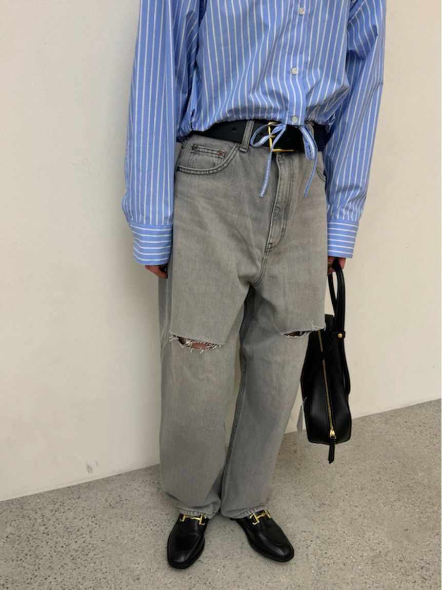 Mila Owen「【WEB限定00サイズ】ワイドテーパードカットアウトデニムパンツ」|デニム|