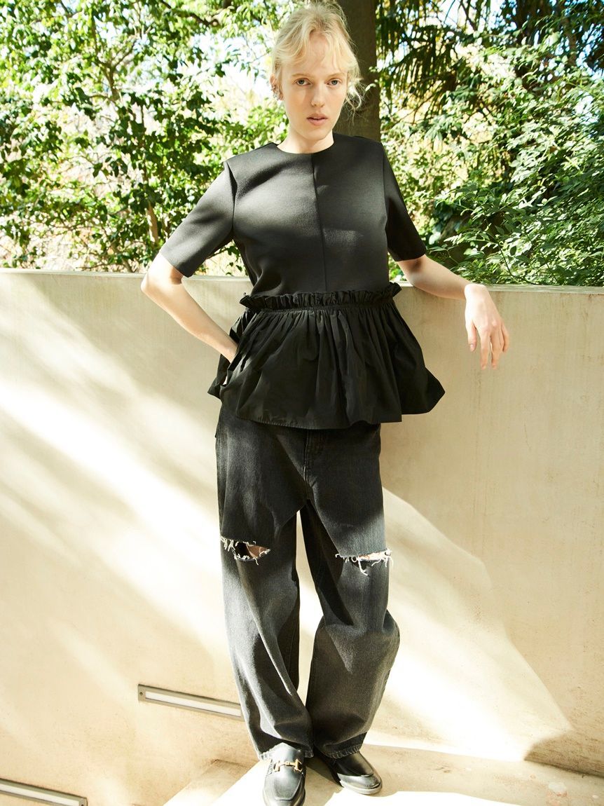 Mila Owen「【WEB限定00サイズ】ワイドテーパードカットアウトデニムパンツ」|デニム|