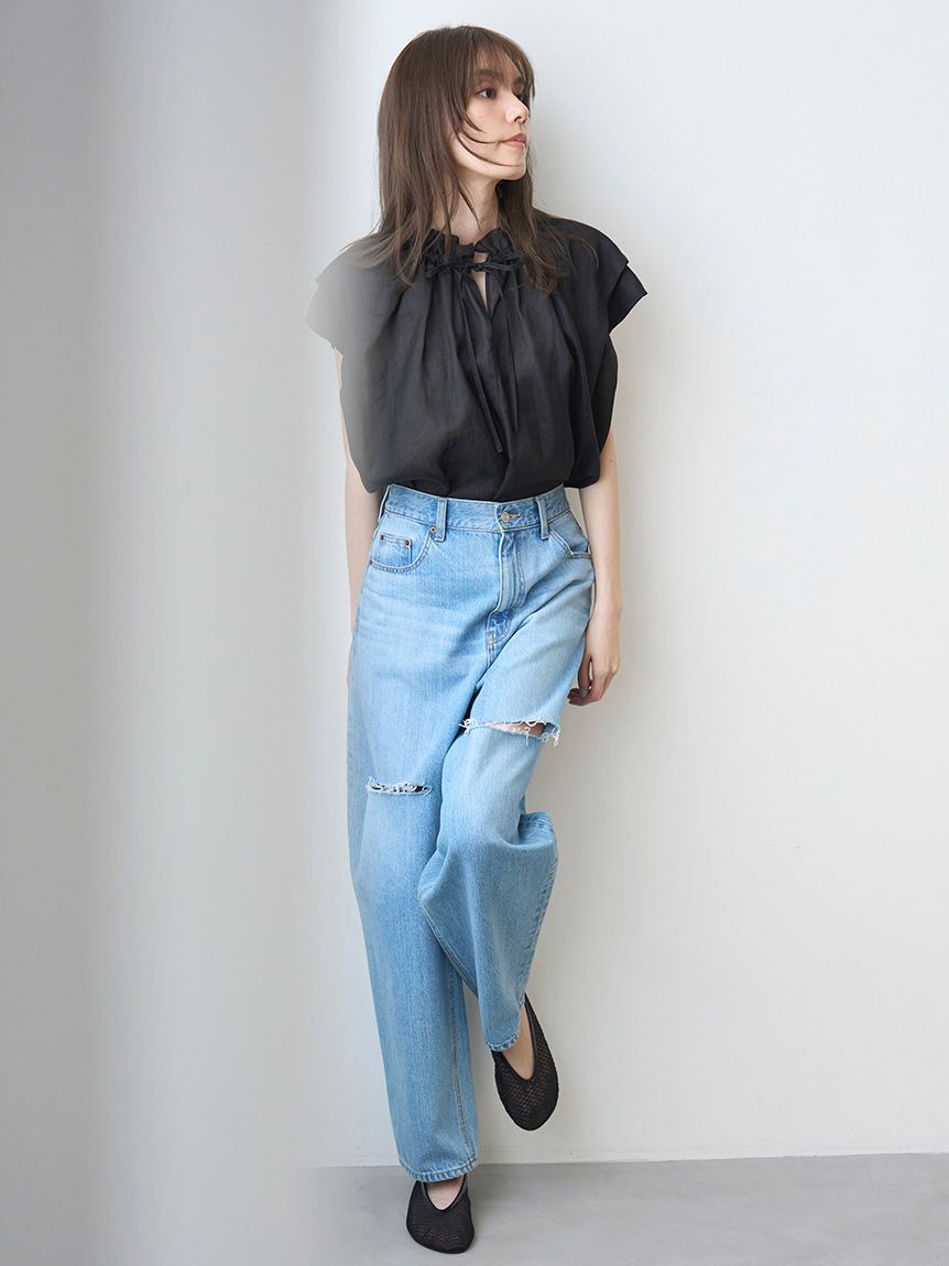Mila Owen「【WEB限定00サイズ】ワイドテーパードカットアウトデニムパンツ」|デニム|