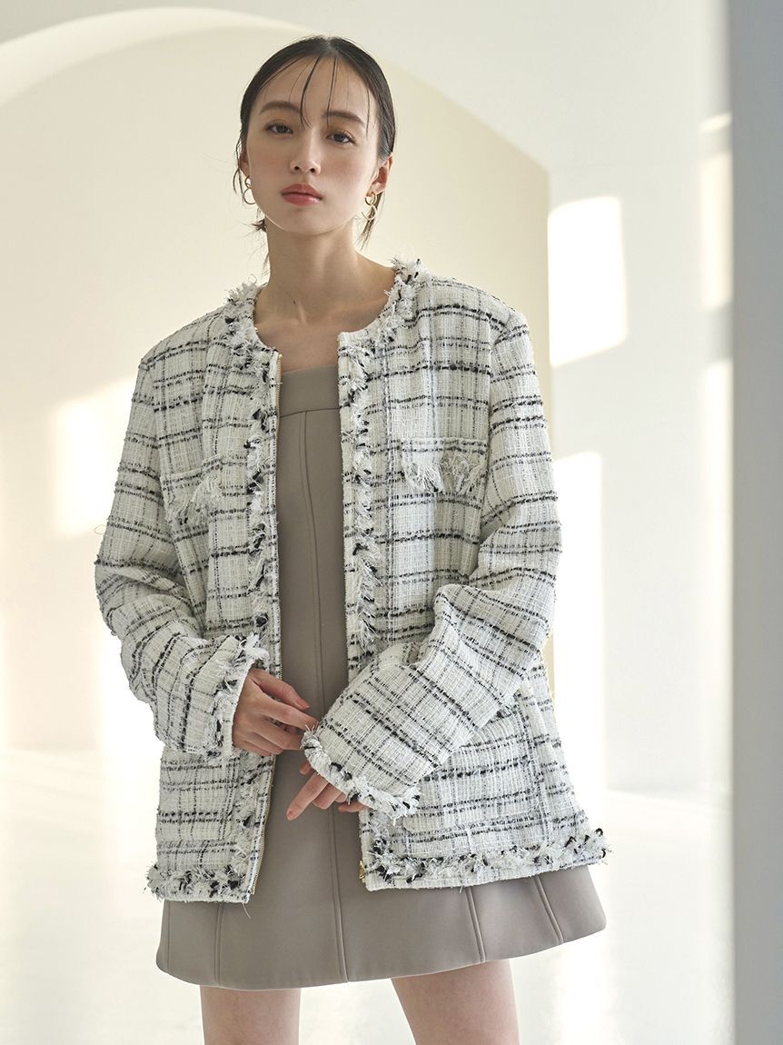 SNIDEL「ロングツイードジャケット」|ノーカラージャケット|WHT