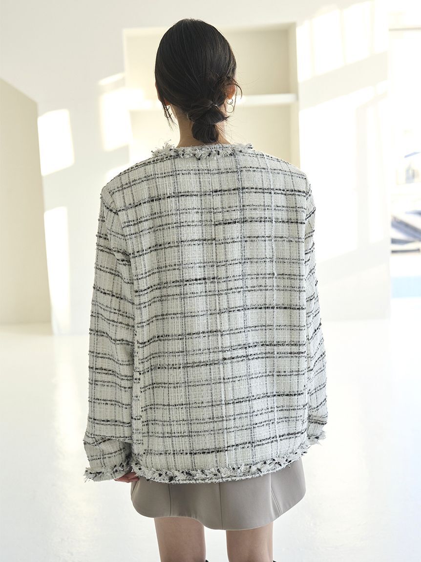 SNIDEL「ロングツイードジャケット」|ノーカラージャケット|