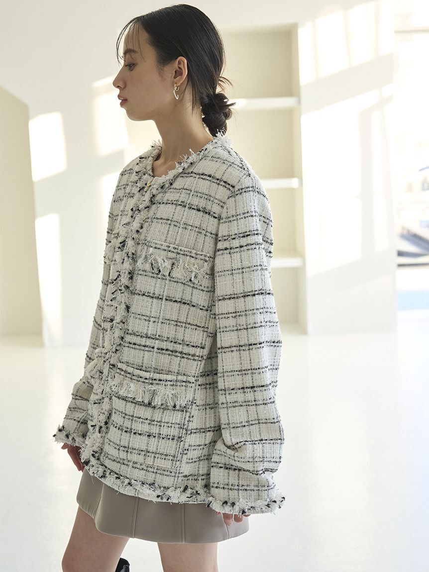 SNIDEL「ロングツイードジャケット」|ノーカラージャケット|