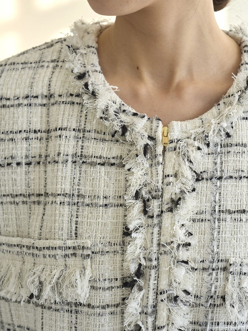 SNIDEL「ロングツイードジャケット」|ノーカラージャケット|