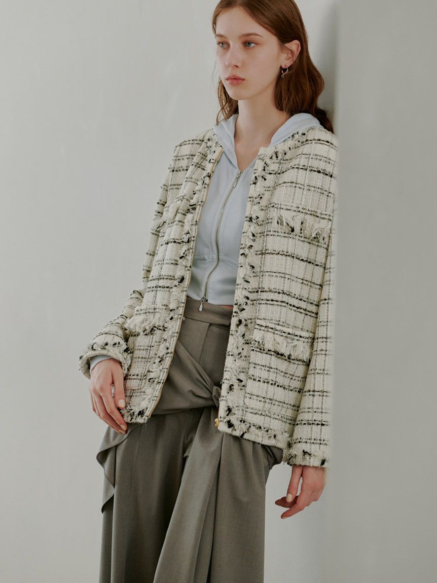 SNIDEL「ロングツイードジャケット」|ノーカラージャケット|