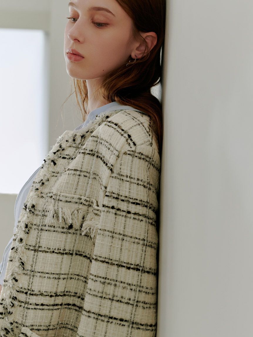 SNIDEL「ロングツイードジャケット」|ノーカラージャケット|