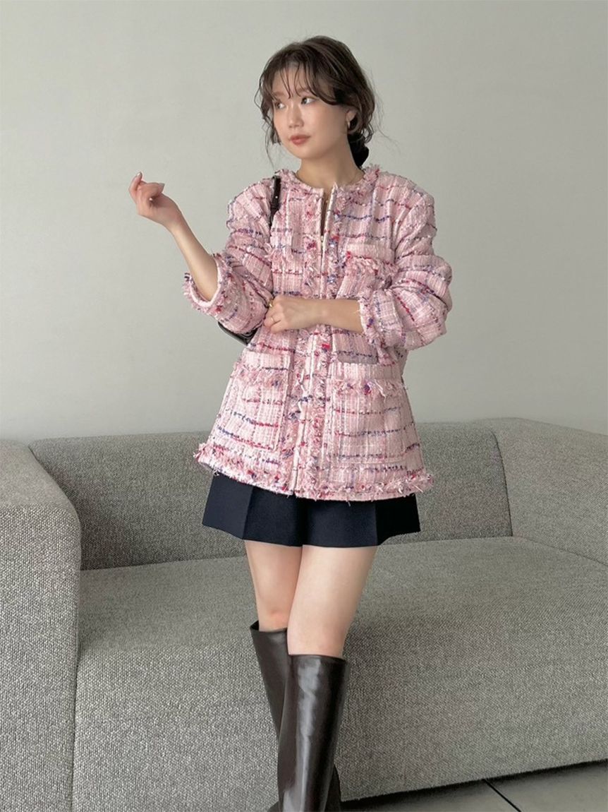 SNIDEL「ロングツイードジャケット」|ノーカラージャケット|