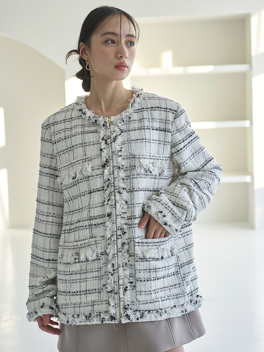 SNIDEL「ロングツイードジャケット」|ノーカラージャケット|