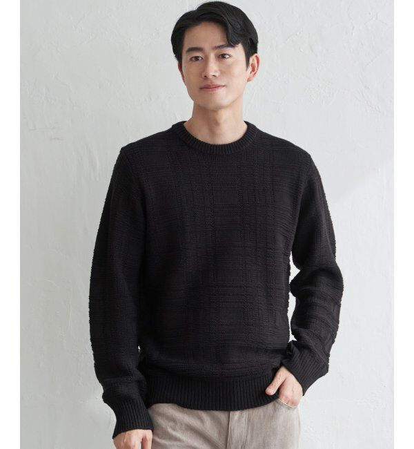 ikka「ジャカードチェックニット」|プルオーバー|ブラック