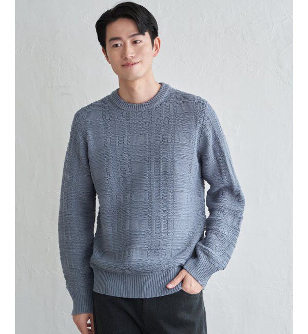 ikka「ジャカードチェックニット」|プルオーバー|サックスブルー