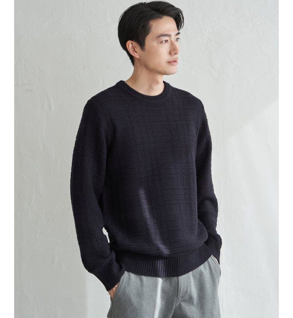 ikka「ジャカードチェックニット」|プルオーバー|ネイビーブルー