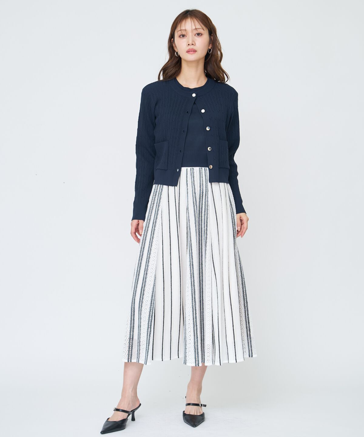 アンドクチュール「ラッセルストライプロングスカート」|フレア|