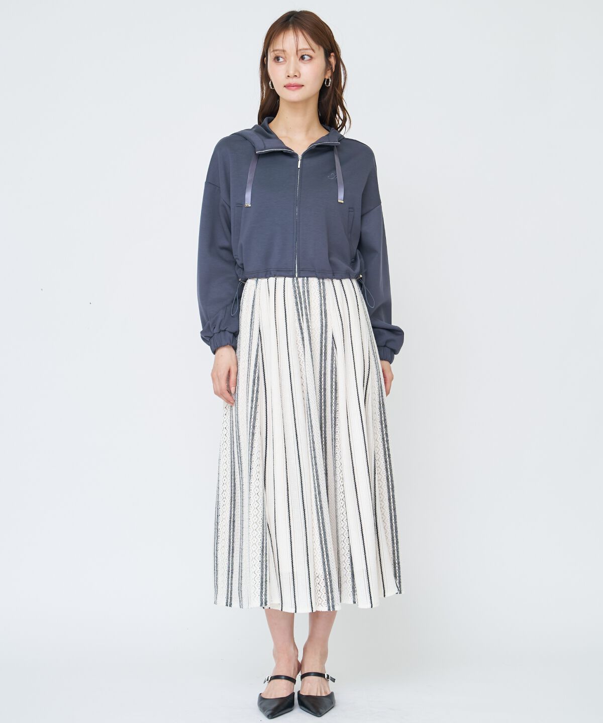 アンドクチュール「ラッセルストライプロングスカート」|フレア|beige/borderｽﾄﾗｲﾌﾟ