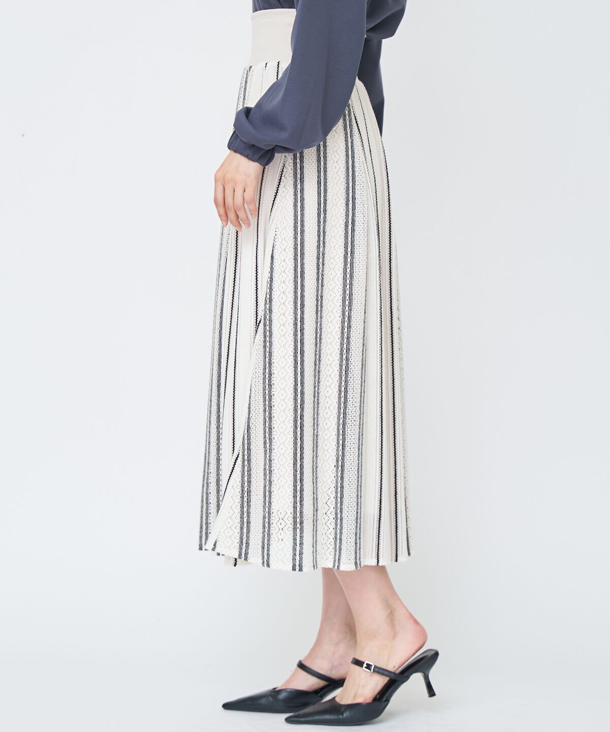 アンドクチュール「ラッセルストライプロングスカート」|フレア|