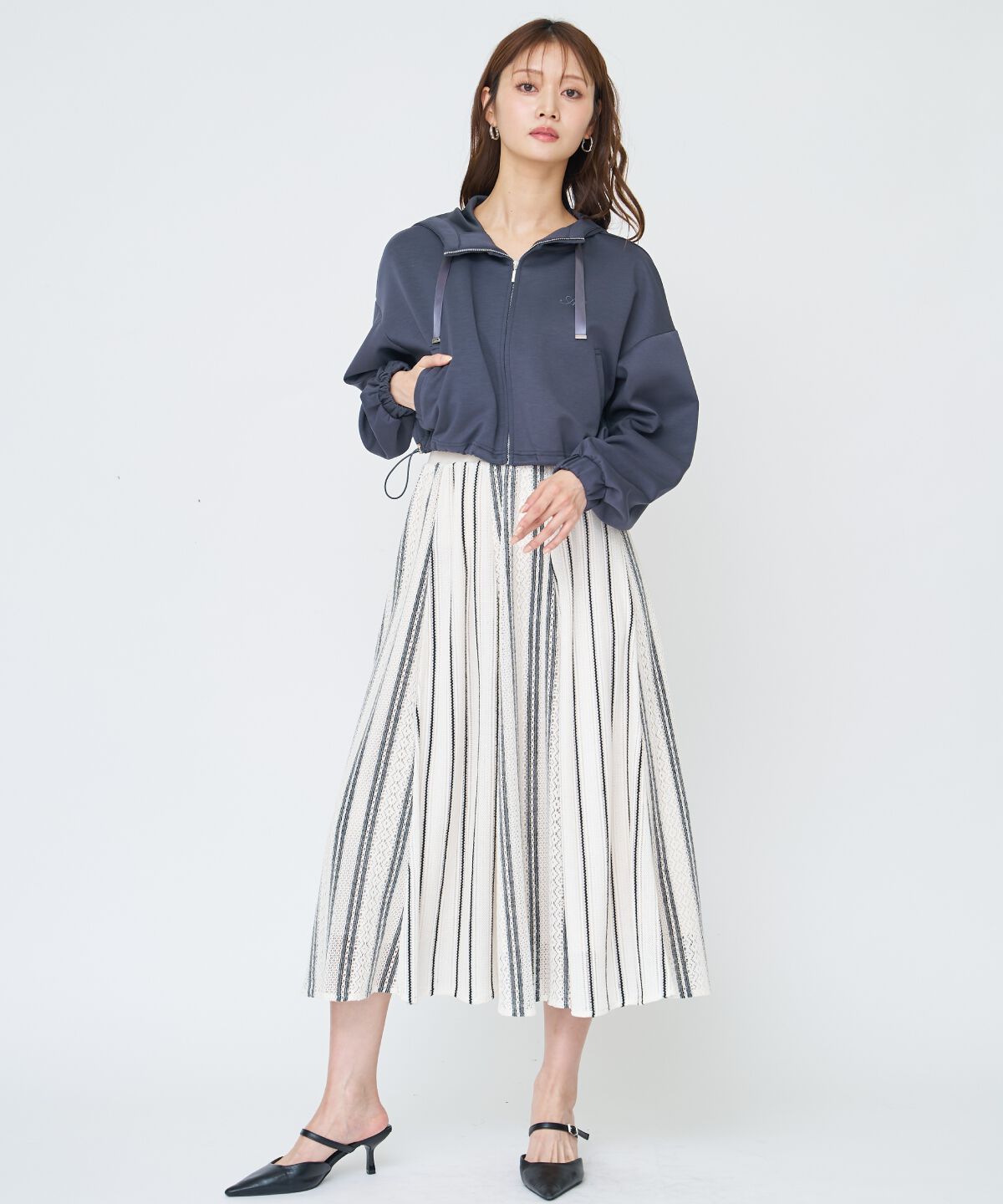 アンドクチュール「ラッセルストライプロングスカート」|フレア|