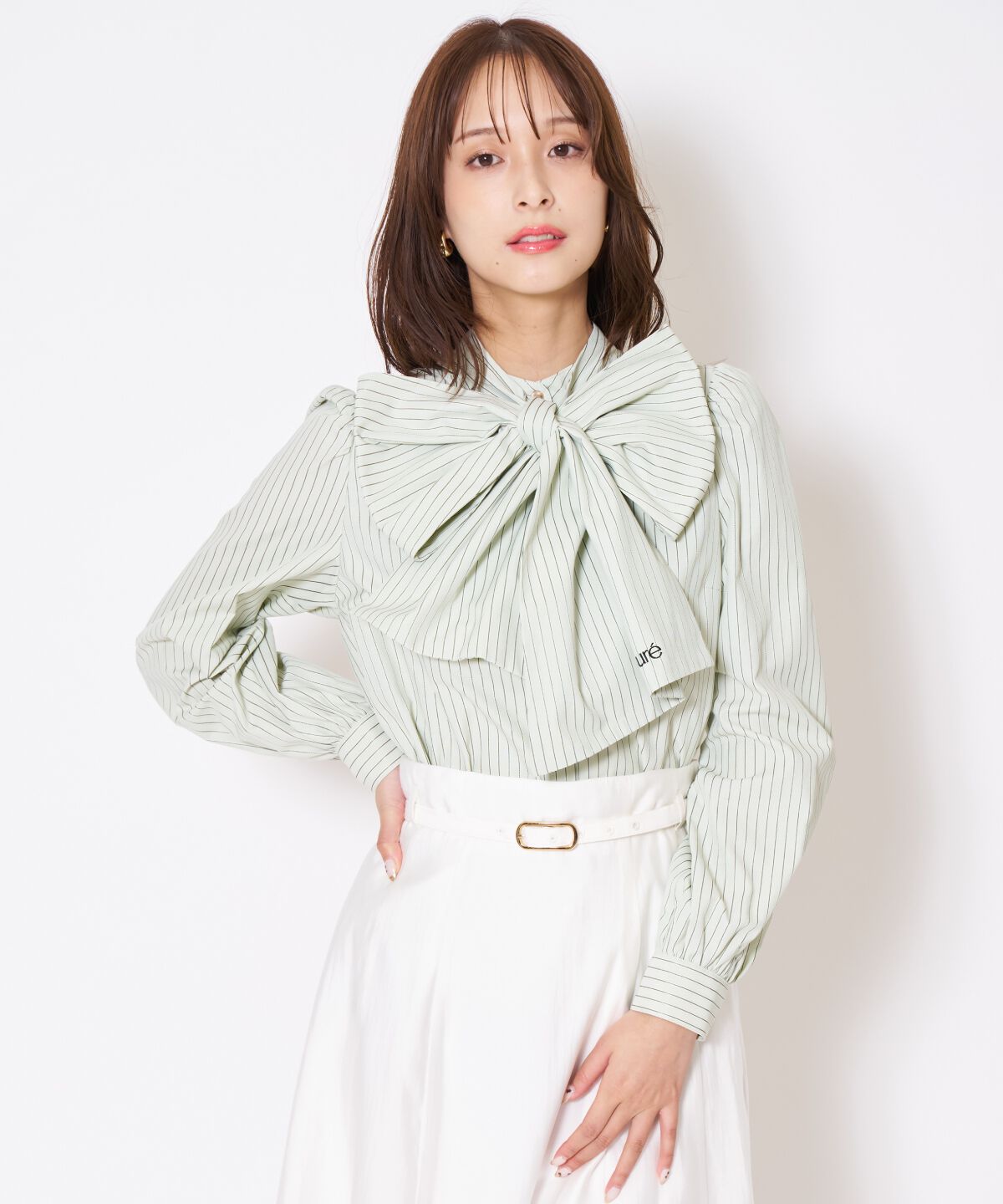 アンドクチュール「バタフライリボンストライプブラウス」|シャツ・ブラウス|green/borderｽﾄﾗｲﾌﾟ