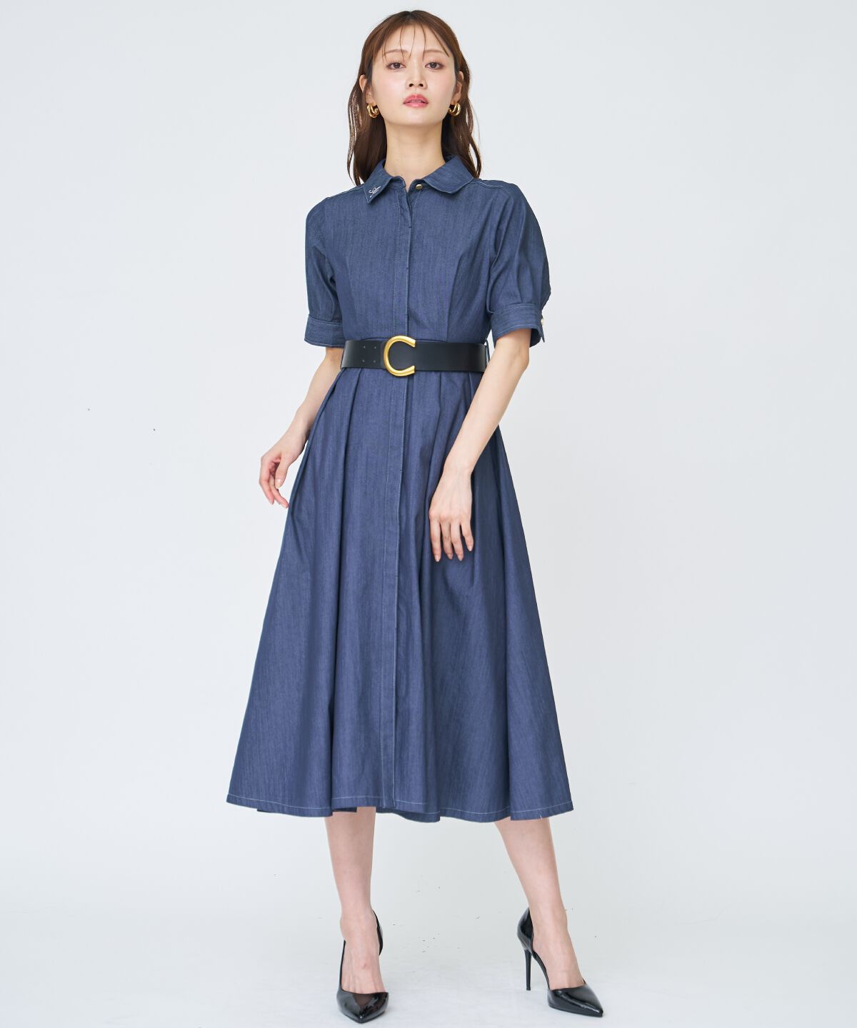 アンドクチュール「ベルト付き５分袖デニムワンピース」|ワンピース|