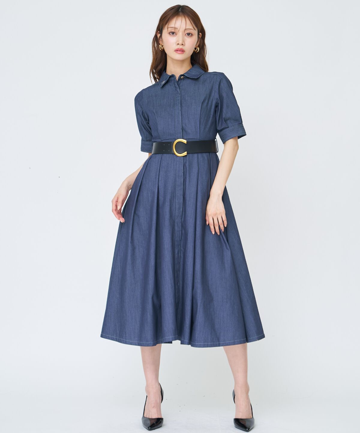 アンドクチュール「ベルト付き５分袖デニムワンピース」|ワンピース|