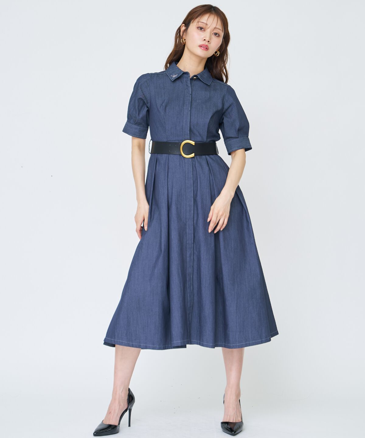 アンドクチュール「ベルト付き５分袖デニムワンピース」|ワンピース|