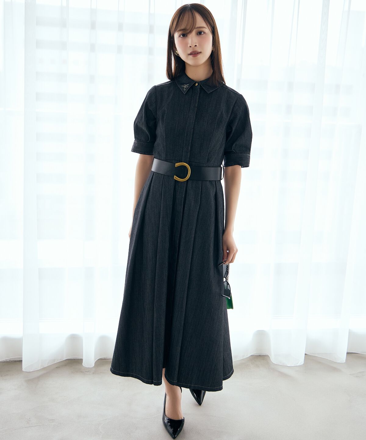 アンドクチュール「ベルト付き５分袖デニムワンピース」|ワンピース|ブラック