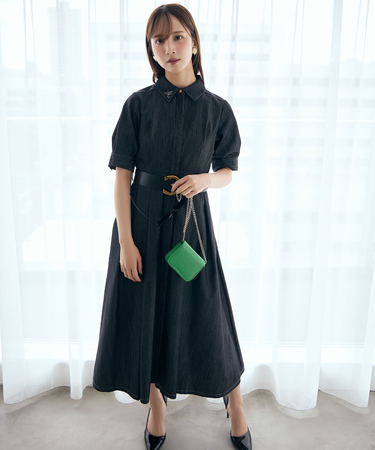 アンドクチュール「ベルト付き５分袖デニムワンピース」|ワンピース|