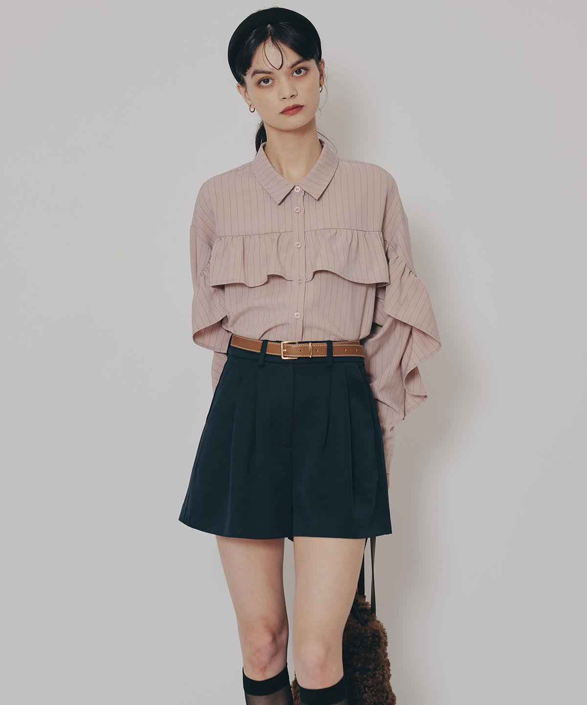 REDYAZEL「フリルラインストライプブラウス」|シャツ・ブラウス|ピンク