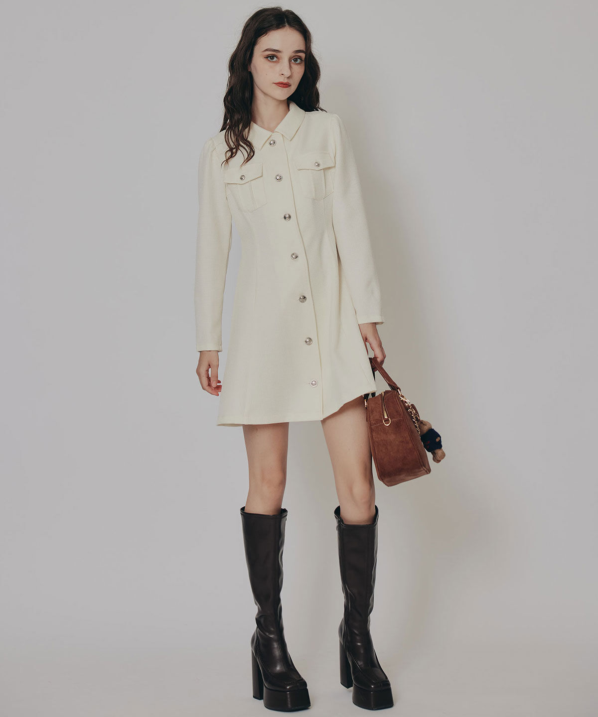 REDYAZEL「エンブレムボタンマイクロワッフルシャツワンピース」|ワンピース|